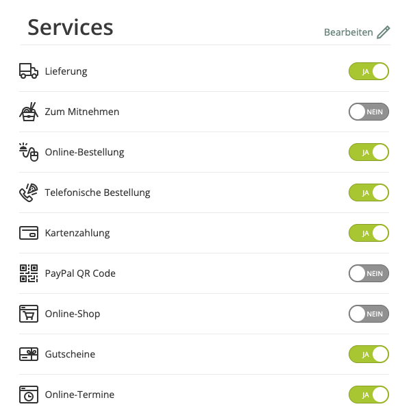 Die Auswahl der Services beinhaltet Lieferung, zum Mitnehmen, Online Bestellung, Telefonie Bestellung, Kartenzahlung, PayPal QR-Code, Online-Shop, Gutscheine, Online-Termine
