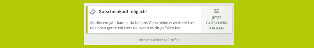 Hier ein Beispiel eines Aktionsaufrufs: Ein Geschäft teilt seinen Nachbar:innen in zwei kurzen Sätzen mit, dass Gutscheinkäufe nun möglich sind.